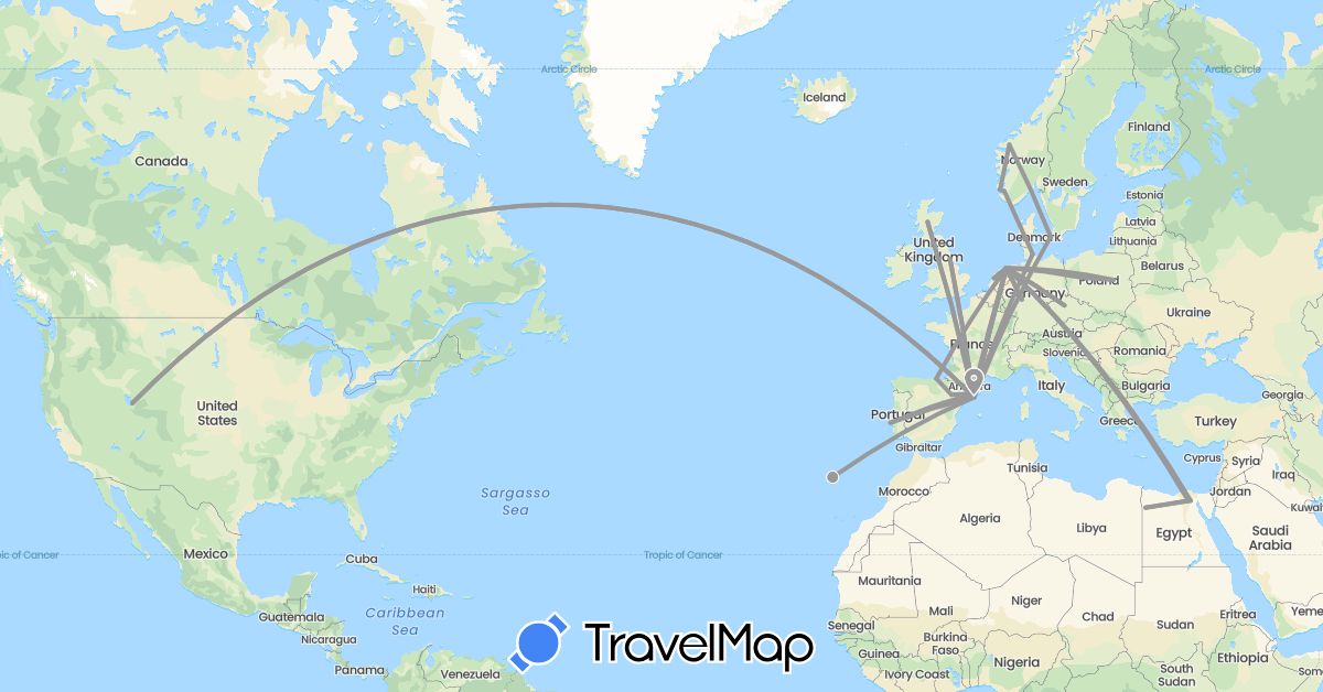 TravelMap itinerary: driving, plane in Czech Republic, Germany, Denmark, Egypt, Spain, United Kingdom, Netherlands, Norway, Poland, Portugal, United States (Africa, Europe, North America)